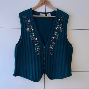 Vintage teal floral embroidered grandmacore cotton knit sweater vest